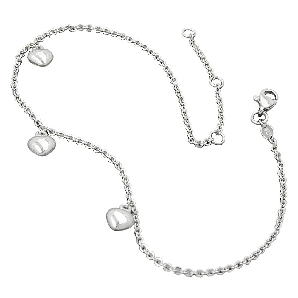Fußkette Ankerkette längenvariabel mit 3 Herzen rhodiniert aus 925er Silber, 1,7 mm, 27 cm