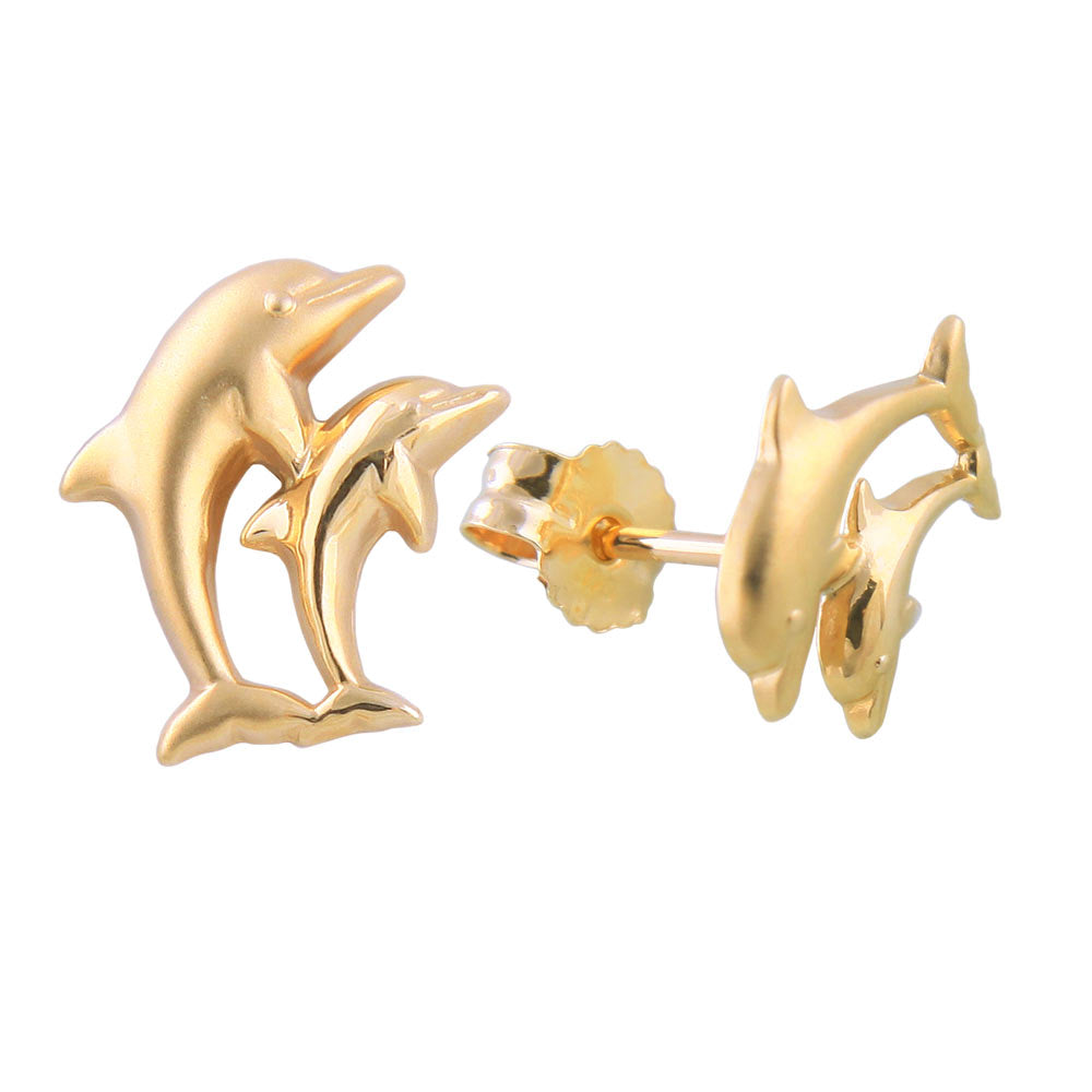 Ohrstecker Delfin-Pärchen matt-glänzend aus 375er Gold, 10 × 7 mm