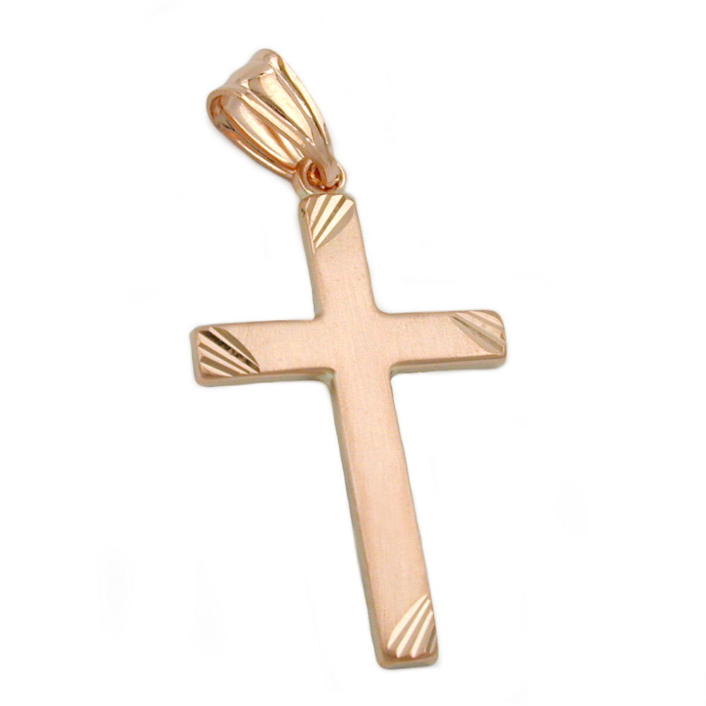 Anhänger Kreuz matt-diamantiert aus 375er Rotgold, 26 × 16 mm