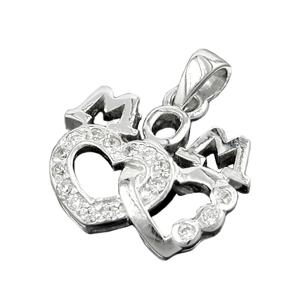 Anhänger MOM mit 2 Herzen und vielen Zirkonia rhodiniert aus 925er Silber, 19 × 17 mm