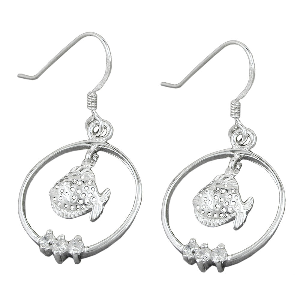 Ohrringe Ohrhaken Fisch im Ring mit Zirkonia glänzend rhodiniert aus 925er Silber, 37 × 18 mm
