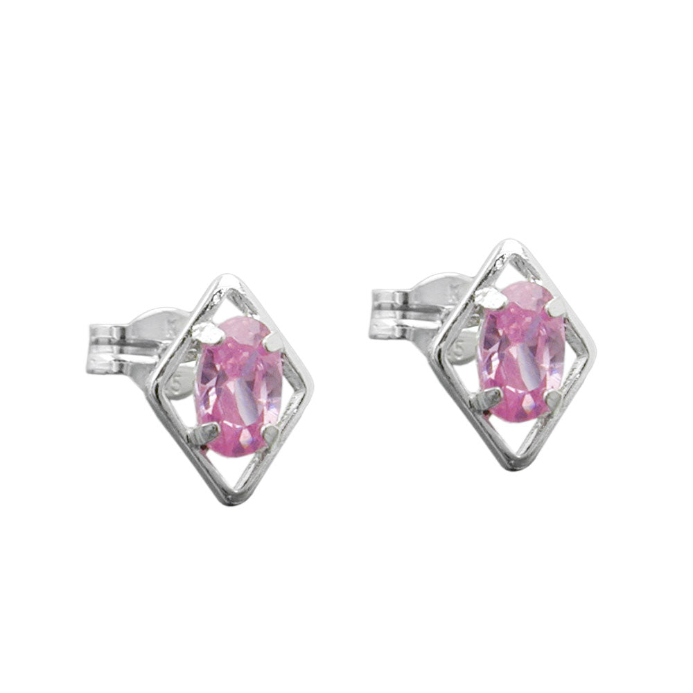 Ohrstecker Rhombus mit Zirkonia pink aus 925er Silber, 8 × 6 mm