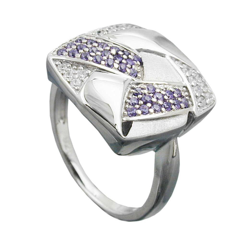 Ring mit Zirkonia lila-weiß matt-glänzend rhodiniert aus 925er Silber, 16 × 16 mm