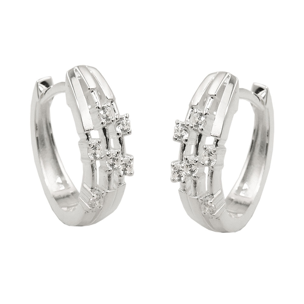 Creolen Ohrringe Klappscharnier mit weißen Zirkonia oval aus 925er Silber, 15 × 13 × 5 mm