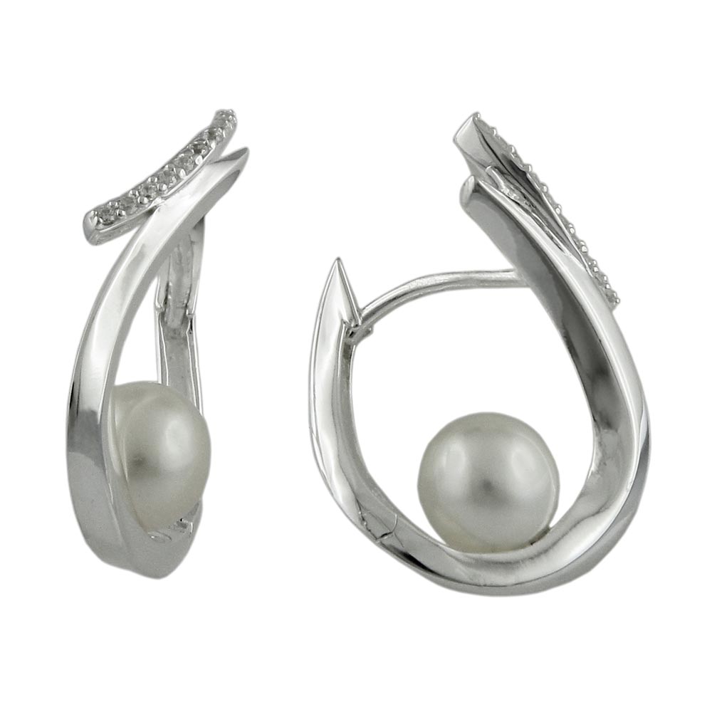 Creolen Klappscharnier mit Zirkonia und Zuchtperle aus 925er Silber, 23 × 15 mm