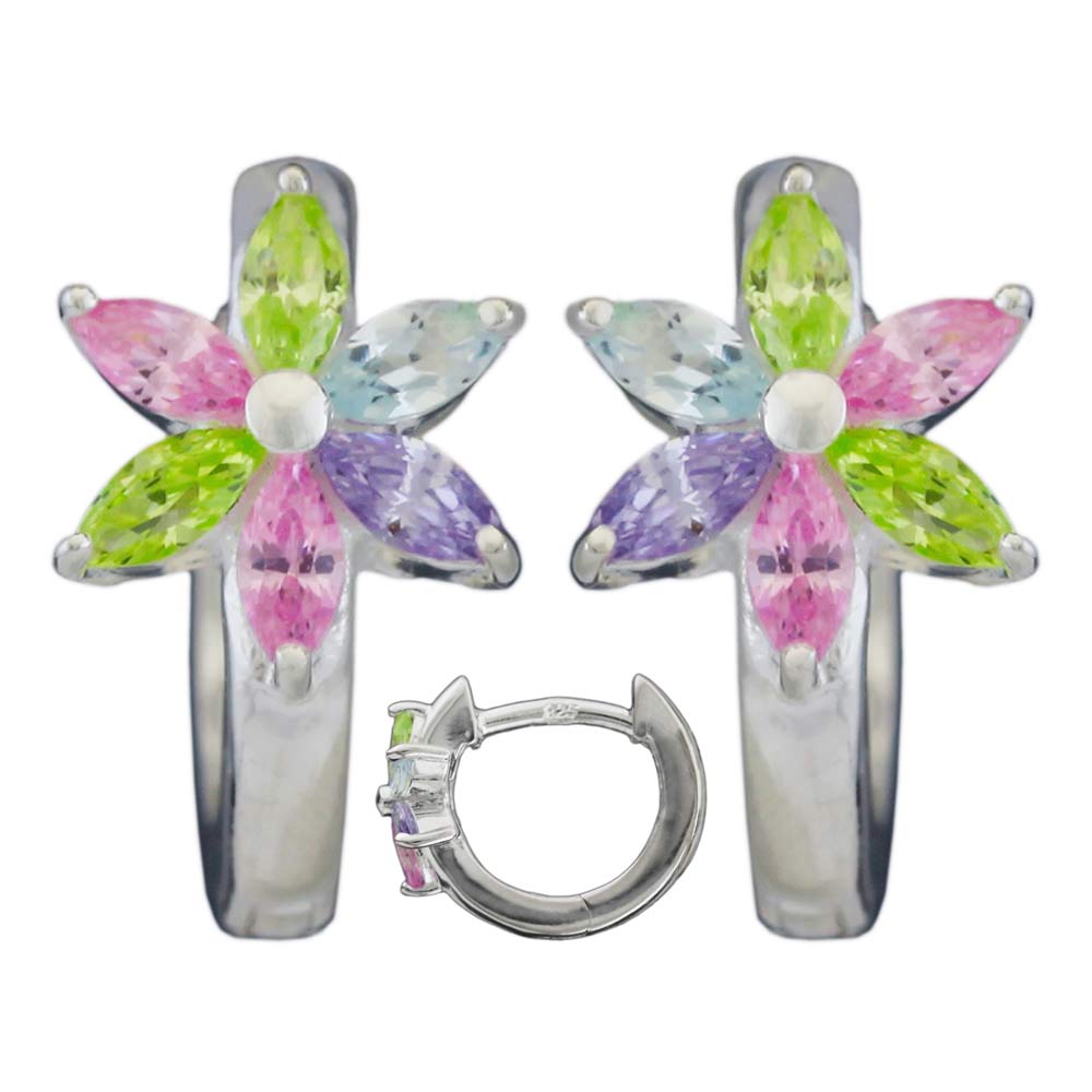 Creolen Ohrringe Klappscharnier Blüte farbige Zirkonia glänzend aus 925er Silber, 13 × 1,7 mm
