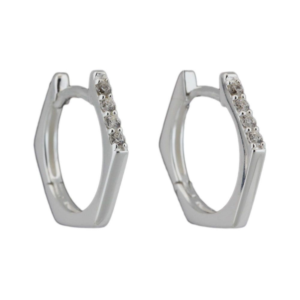Creolen Klappscharnier seckseckig 4 weiße Zirkonia aus 925er Silber, 15 × 14 × 1,5 mm
