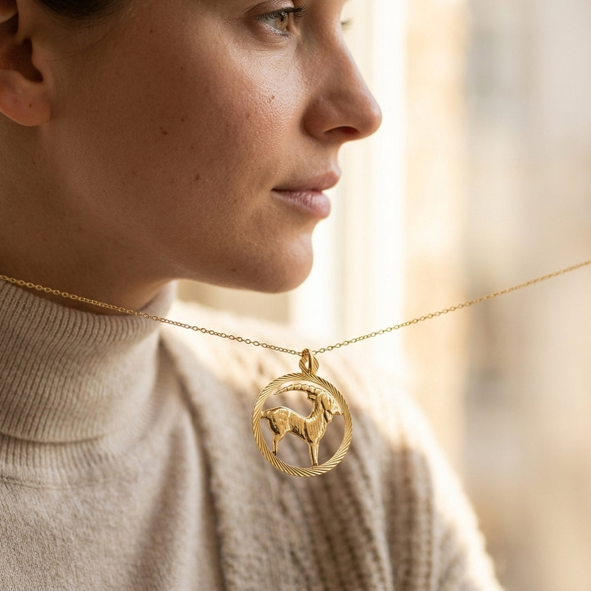Anhänger Sternzeichen Steinbock – 375er Gold, 15 mm – an einer feinen Kette getragen, zweite Lifestyle-Aufnahme in anderer Perspektive