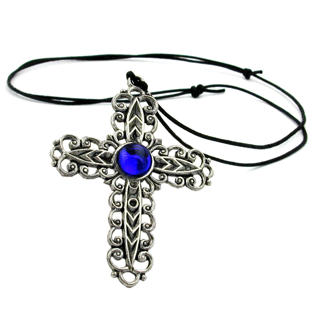 Kette verschiedene Größen Zinn-Anhänger Kreuz mit Glasstein verschiedene Farben-safir verschiedene Längen