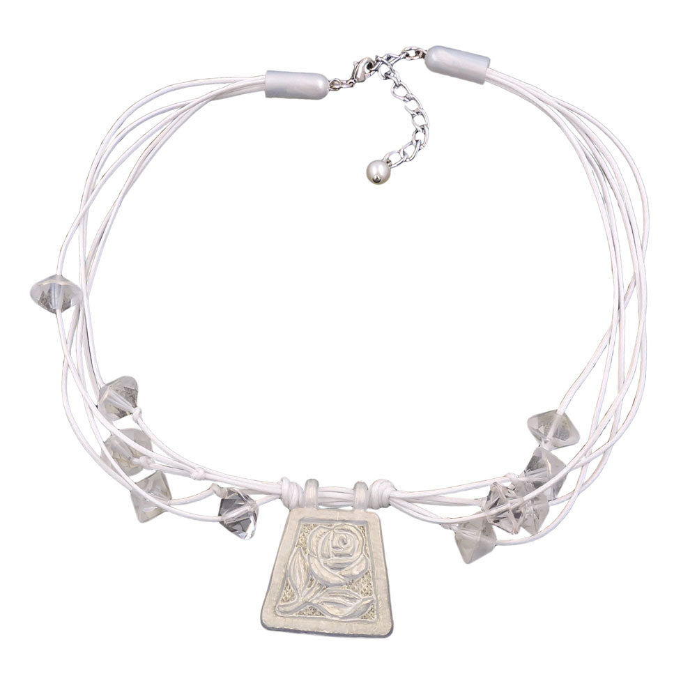 Kette im Landhaus-Stil Kunststoff Anhängerbild Rose weiß-AB Kordel weiß verschiedene Längen