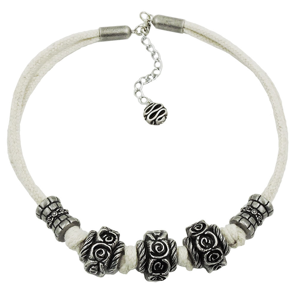 Kette Landhaus-Stil Kunststoffperle Rosenwalze altsilber Kordel verschiedene Farben verschiedene Längen