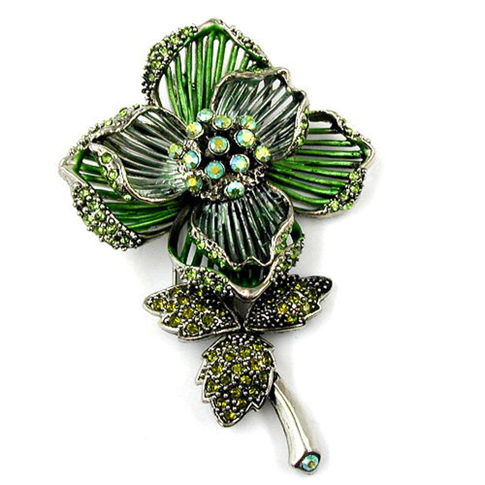 Brosche, Strass-Blume grünton