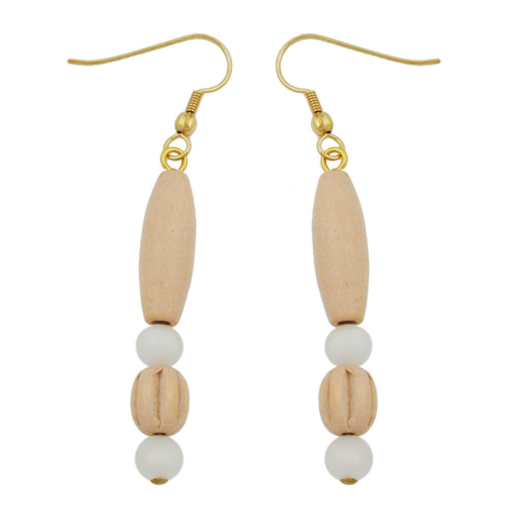 Ohrhaken Ohrhänger Ohrringe 60mm Holzperle hell und Kunststoffperle weiß-seidenmatt