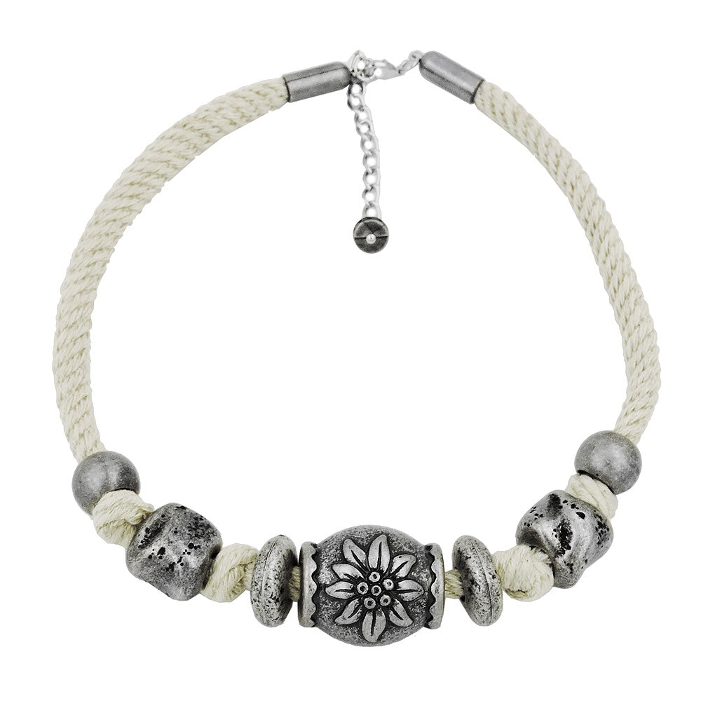 Kette Landhaus-Stil Kunststoffperle Rosenwalze altsilber Kordel verschiedene Farben verschiedene Längen