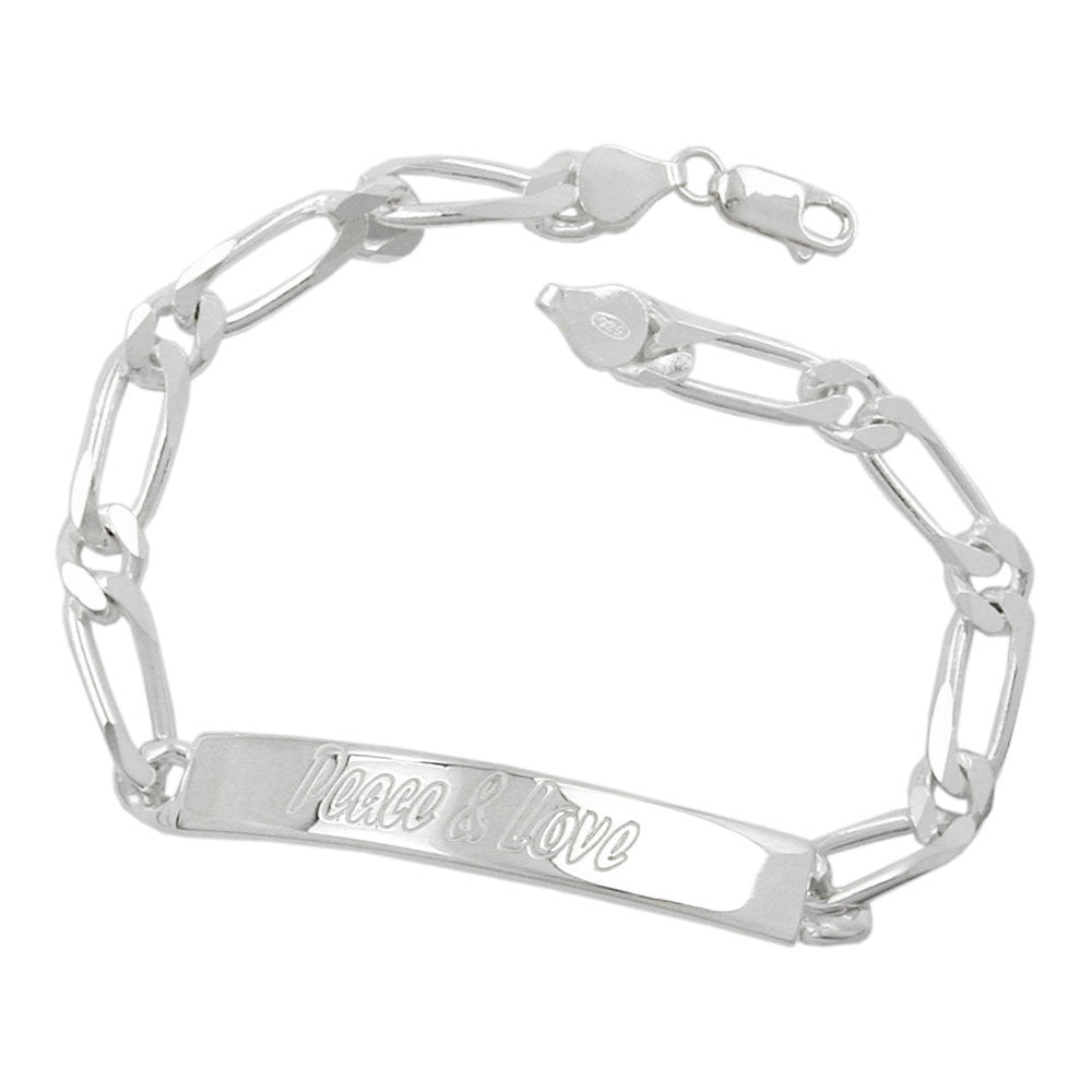 Schildarmband 6,verschiedene Größen Figarokette Gravurplatte verschiedene Größen Peace & Love glänzend Silber 925 verschiedene Längen