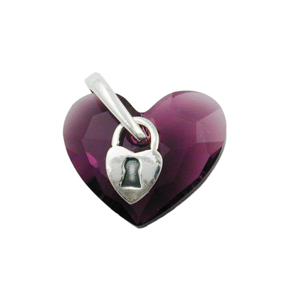 Anhänger verschiedene Größen Herz aus Glas mit Schloß violett Silber 925