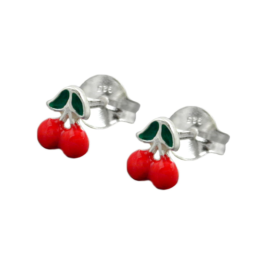 Ohrstecker Ohrring verschiedene Größen je 2 Kirschen farbig lackiert Silber 925