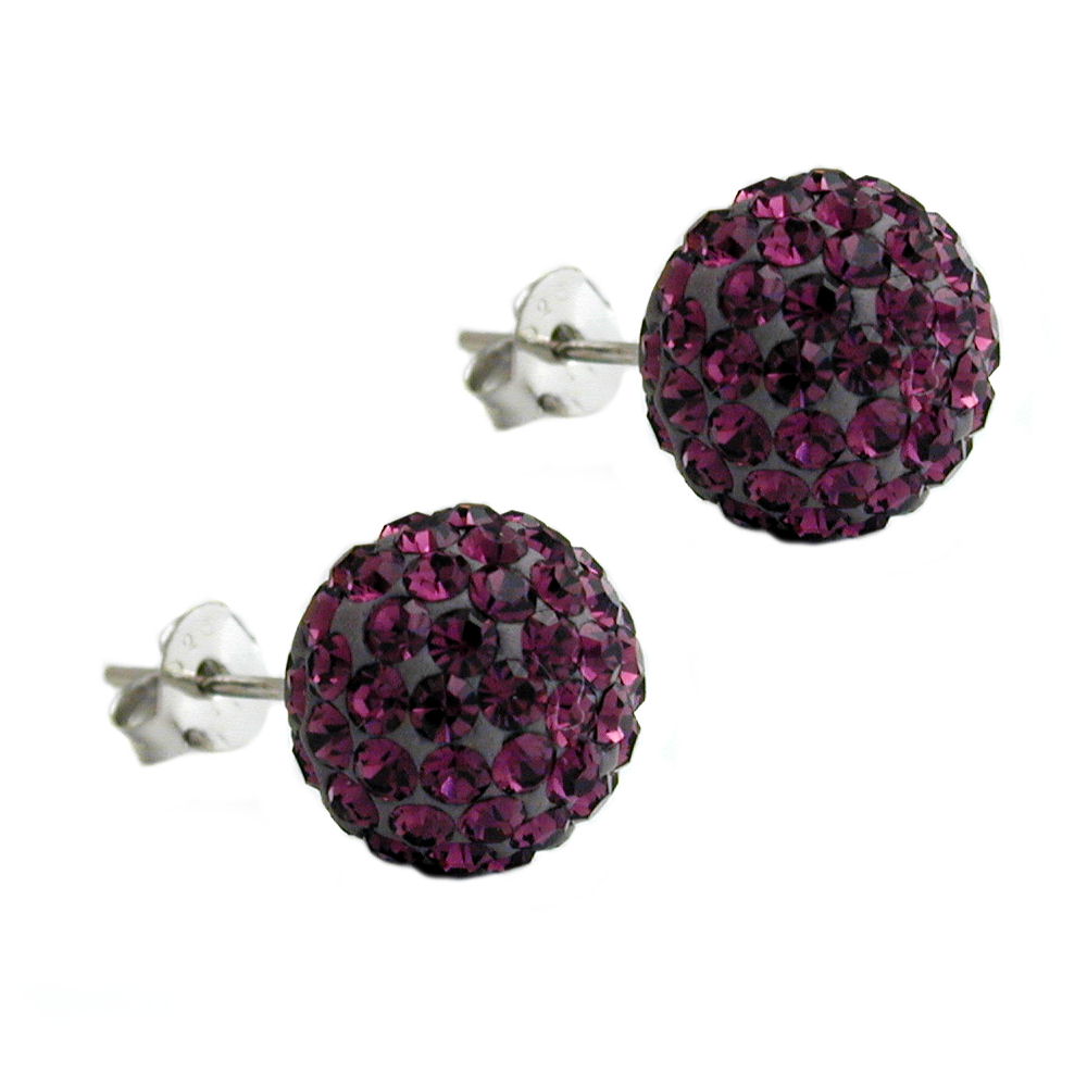 Stecker 10mm Strass-Kugel verschiedene Farben amethystfarben rhodiniert Silber 925