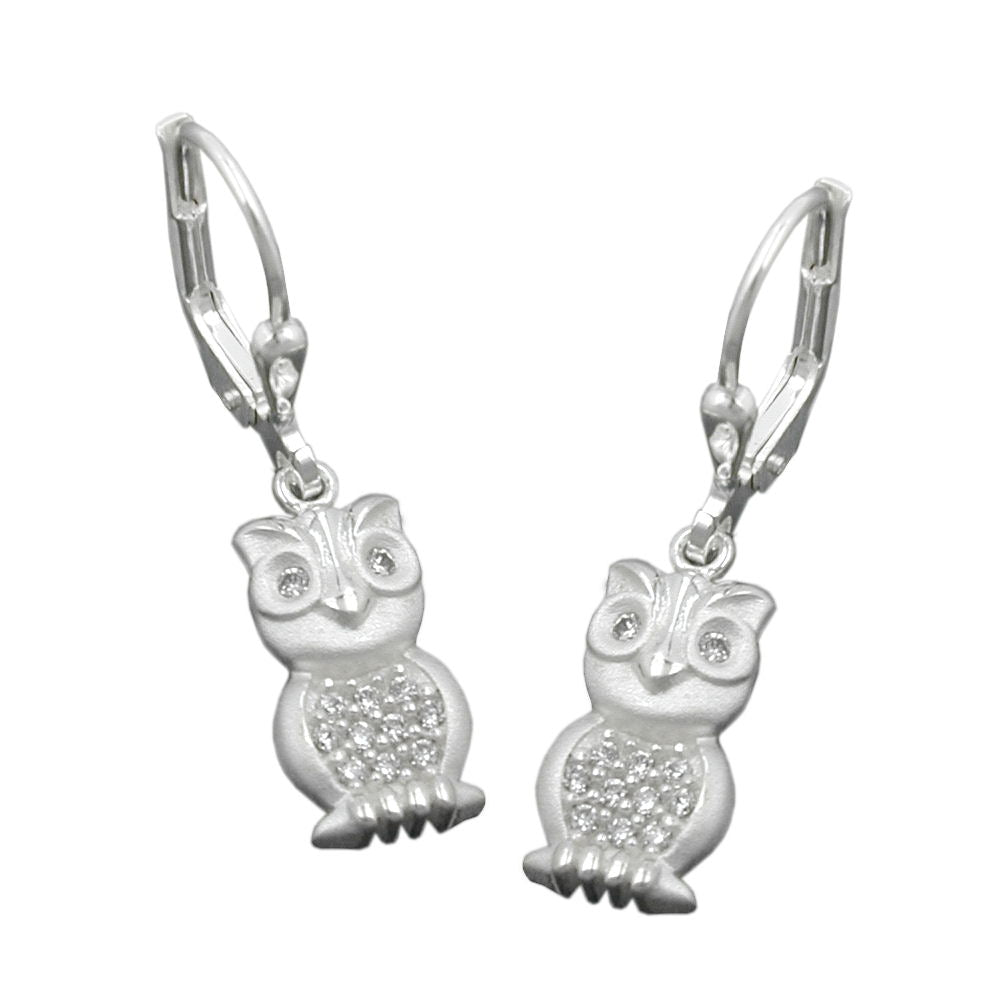 Ohrbrisur Ohrhänger Ohrringe Eule matt-glänzend mit Zirkonias, Silber 925