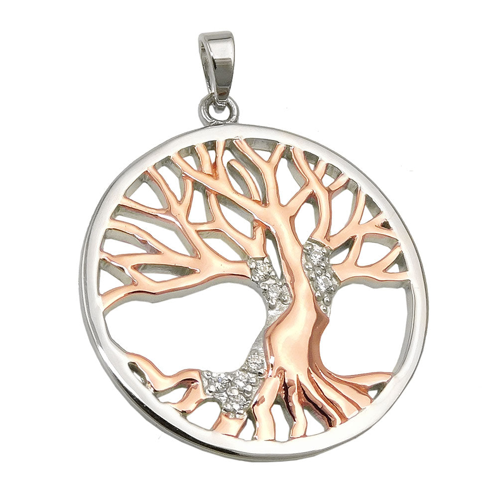 Anhänger 26mm Lebensbaum bicolor rotvergoldet mit Zirkonias rhodiniert Silber 925