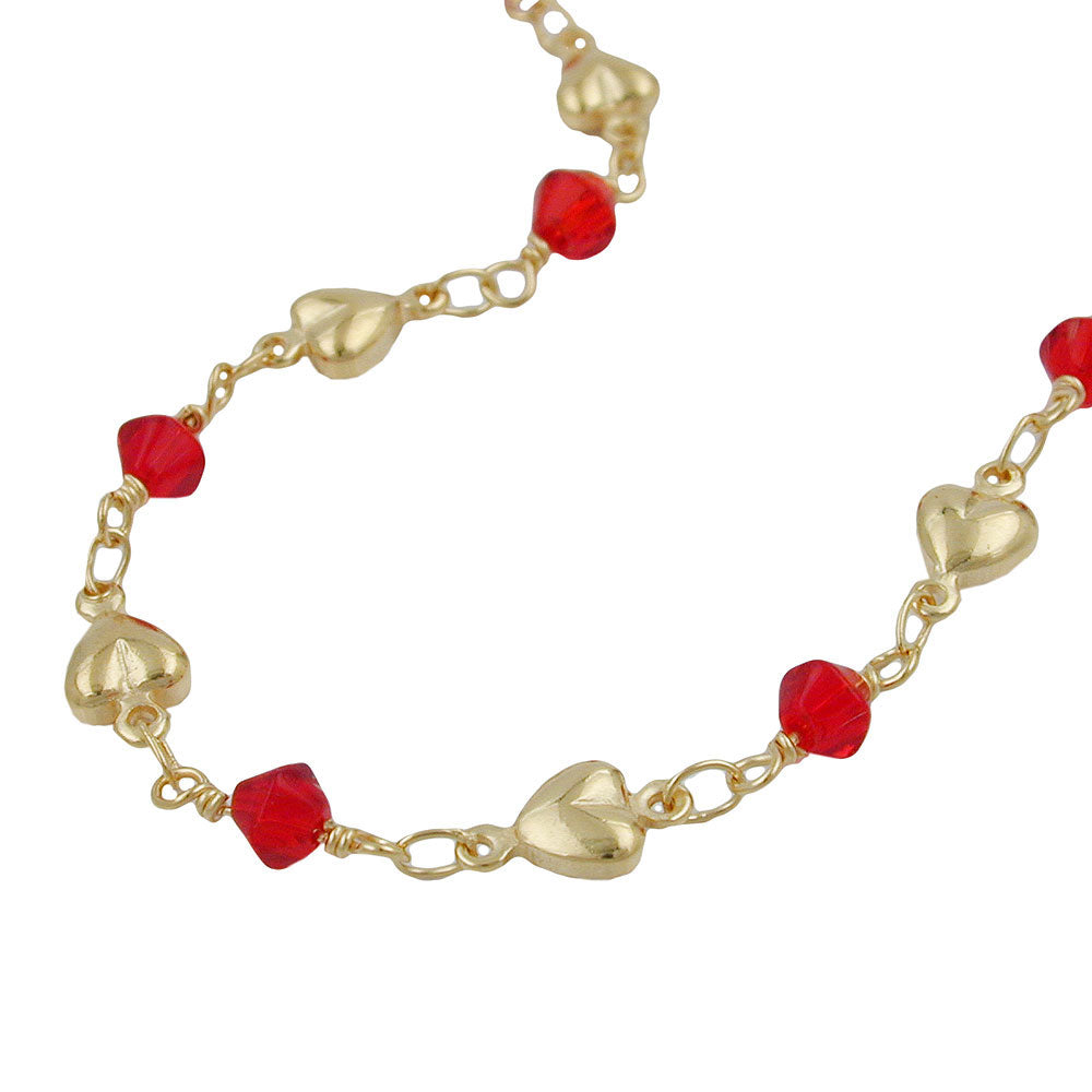 Kette Fantasie Herz und Glasperle rot in Doublé