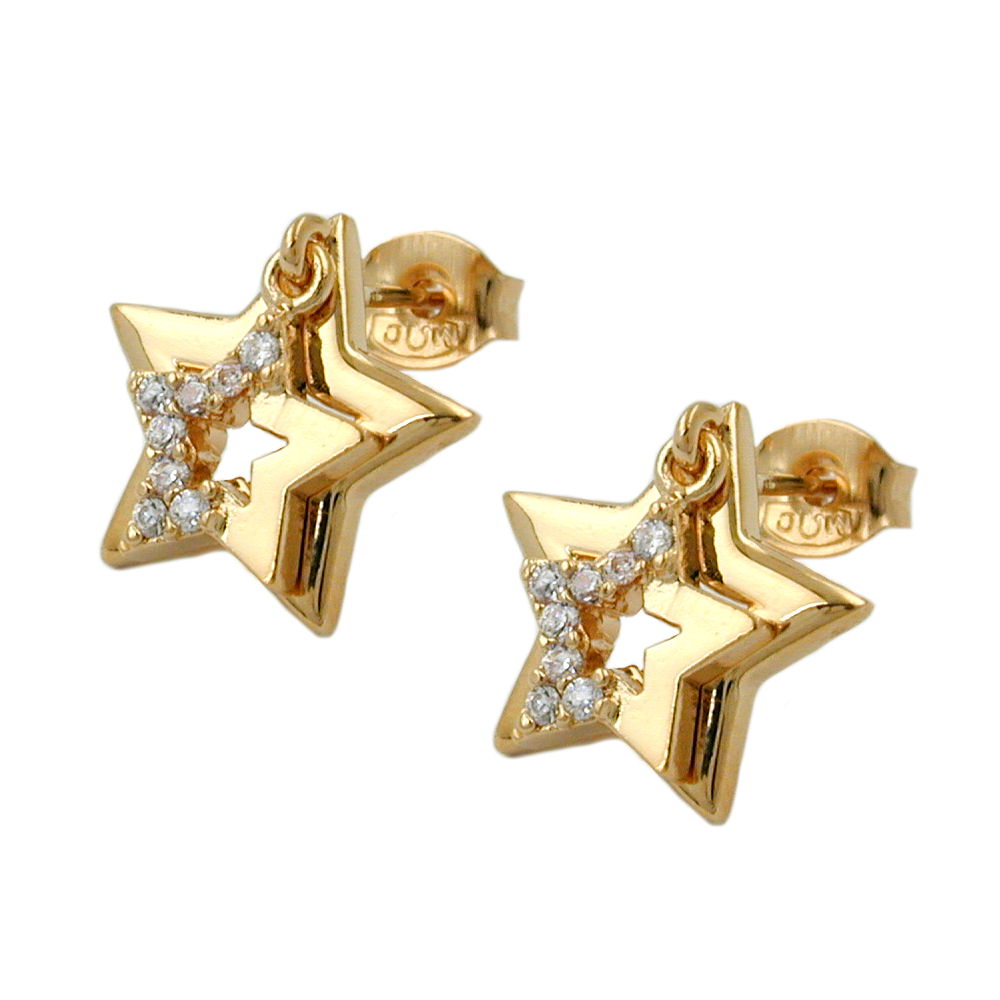 Doublé-Ohrstecker doppelter Stern mit Zirkonia, 13 mm