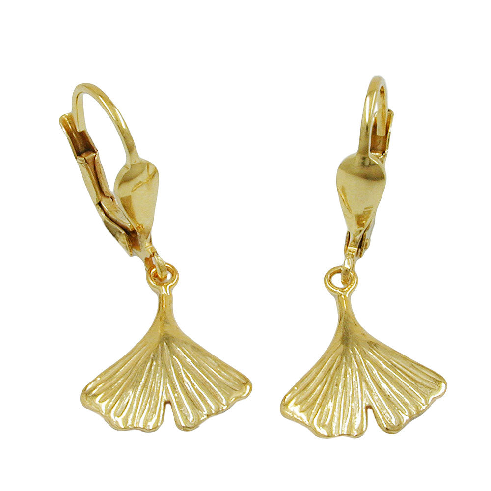 Ohrbrisur Ohrhänger Ohrringe Ginkgoblatt glänzend aus 375er Gold, 27 mm