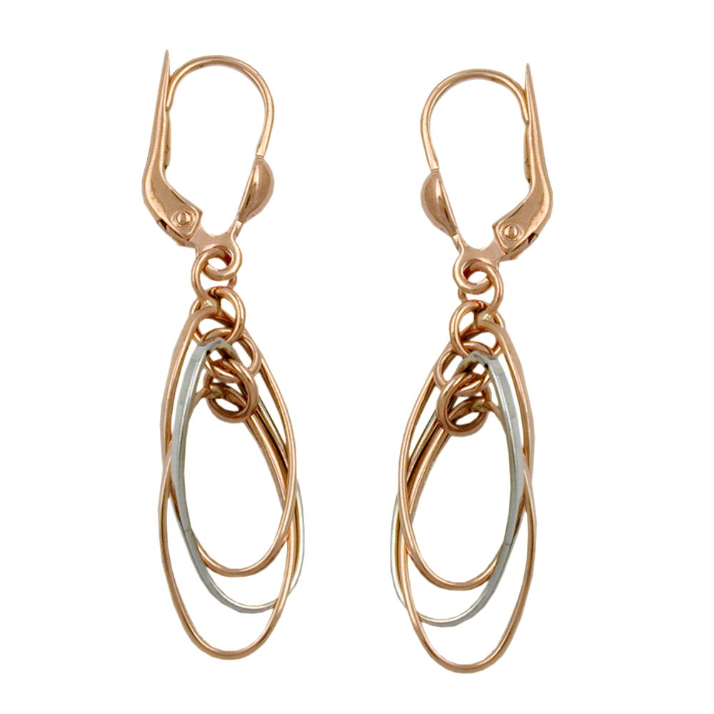 Ohrbrisur Ohrhänger Ohrringe 3 Ovale hängend bicolor aus 375er Rot- und Weißgold, 43 × 8 mm