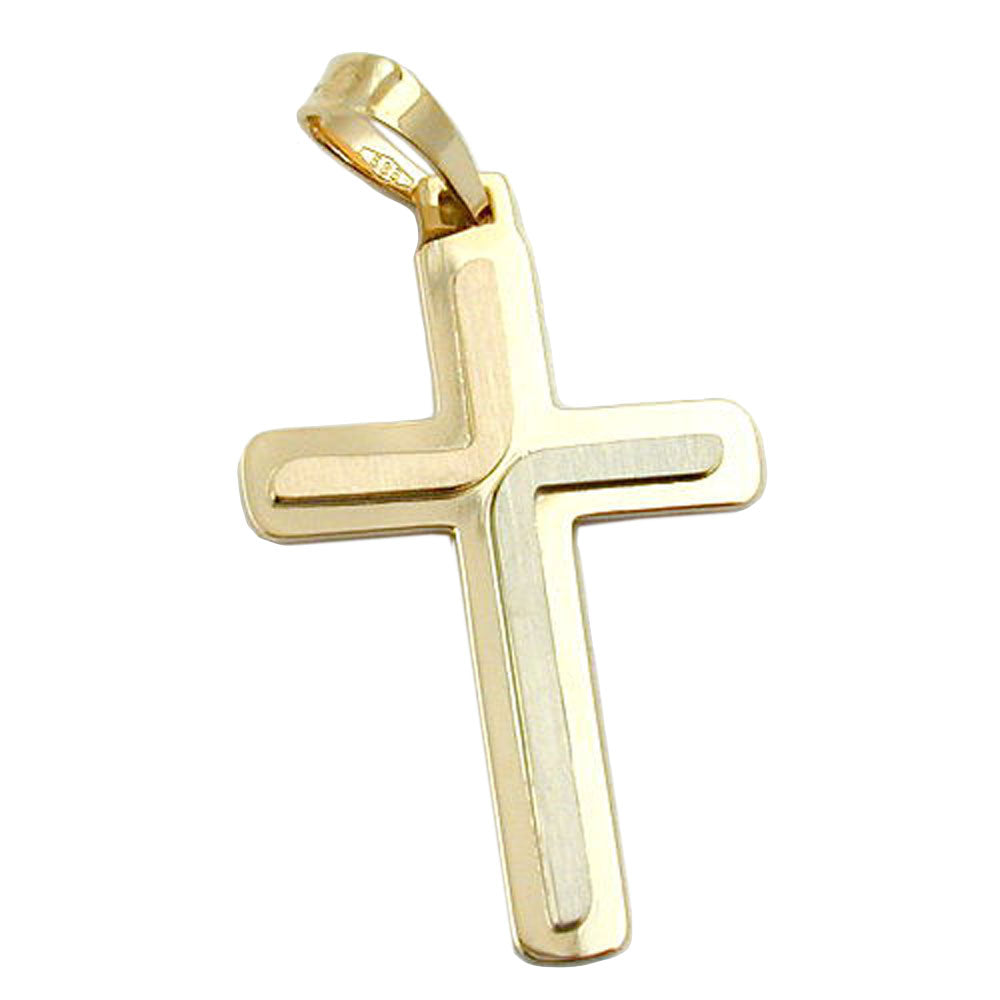 Anhänger Kreuz tricolor matt-glänzend aus 585er Rot- und Gelbgold, 30 × 19 mm