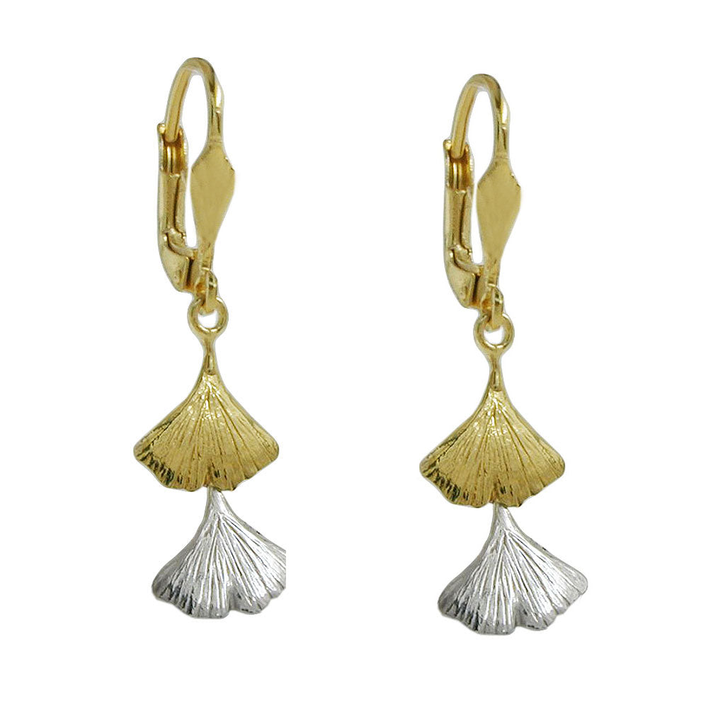 Ohrbrisur Ohrhänger Ohrringe Ginkgo-Blatt bicolor aus 375er Gelb- und Weißgold, 34 × 9 mm