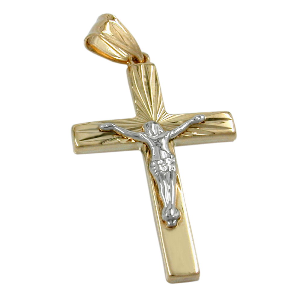 Anhänger Kreuz mit Jesus bicolor glänzend diamantiert aus 375er Gelb- und Weißgold, 34 × 17 mm