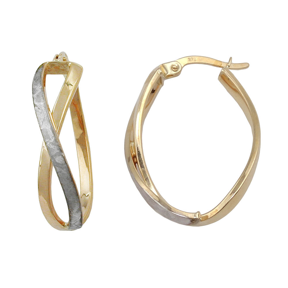 Creolen gekreuzt bicolor teil-rhodiniert mattiert aus 375er Gold, 26 × 7 mm