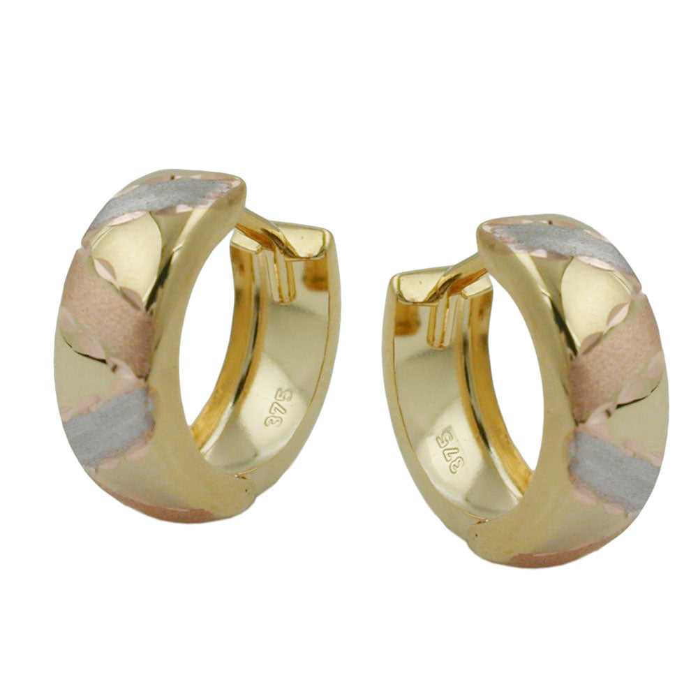 Creolen Klappscharnier tricolor diamantiert aus 375er Rot- und Weißgold, 12 × 5 mm