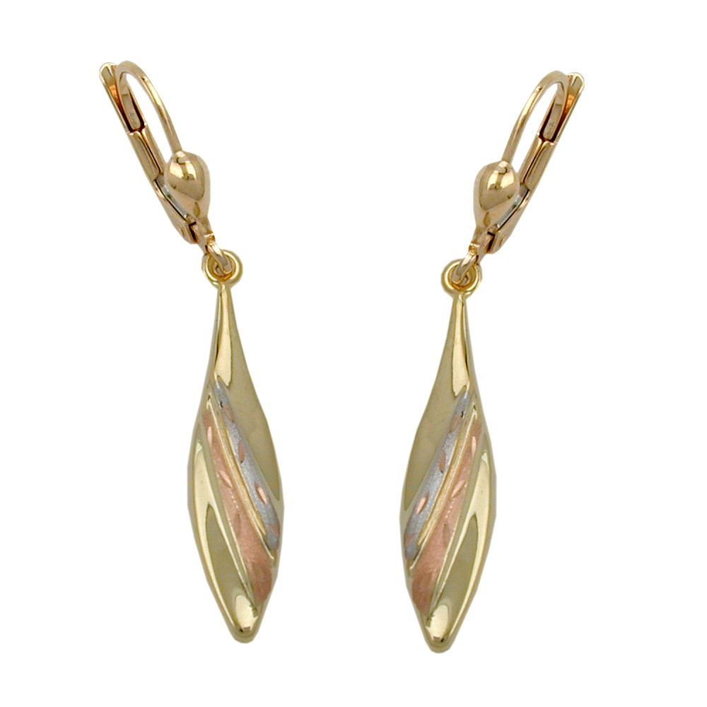 Ohrbrisur Ohrhänger Ohrringe tricolor teilmattiert diamantiert aus 375er Rot- und Gelbgold, 41 × 6 mm