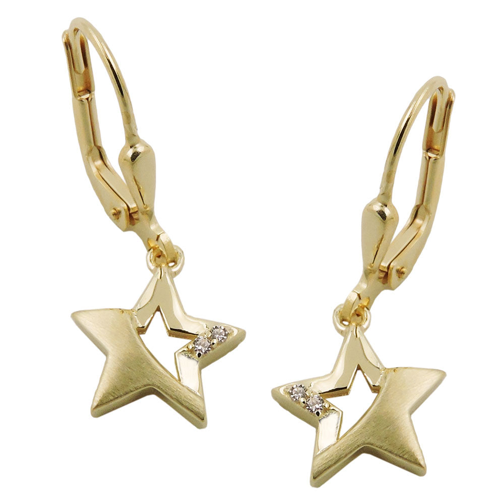Ohrbrisur Ohrhänger Ohrringe Stern teilmattiert mit Zirkonia aus 375er Gold, 25 × 10 mm