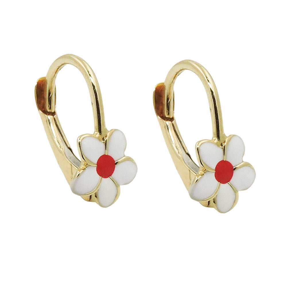 Ohrbrisur Ohrringe Blume weiß-rot emailliert aus 375er Gold, 13 × 7 mm