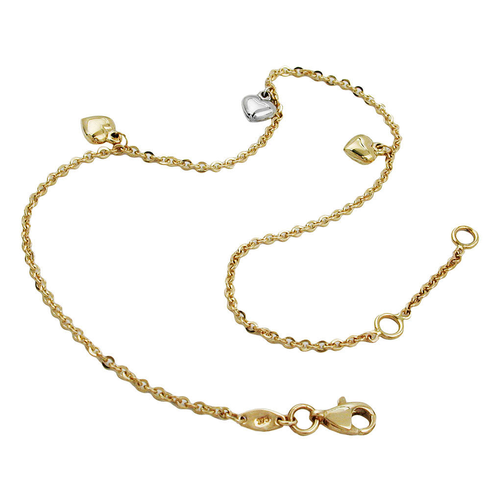 Fußkette Ankerkette mit 3 Herzen bicolor längenvariabel aus 375er Gelb- und Weißgold, 1,7 mm, 25 cm