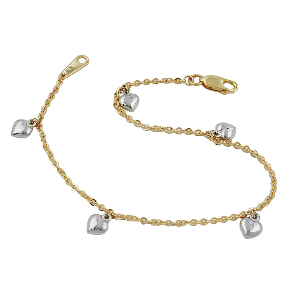 Armband Ankerkette mit 5 Herzen bicolor rhodiniert aus 375er Gold, 1,7 mm, 19 cm