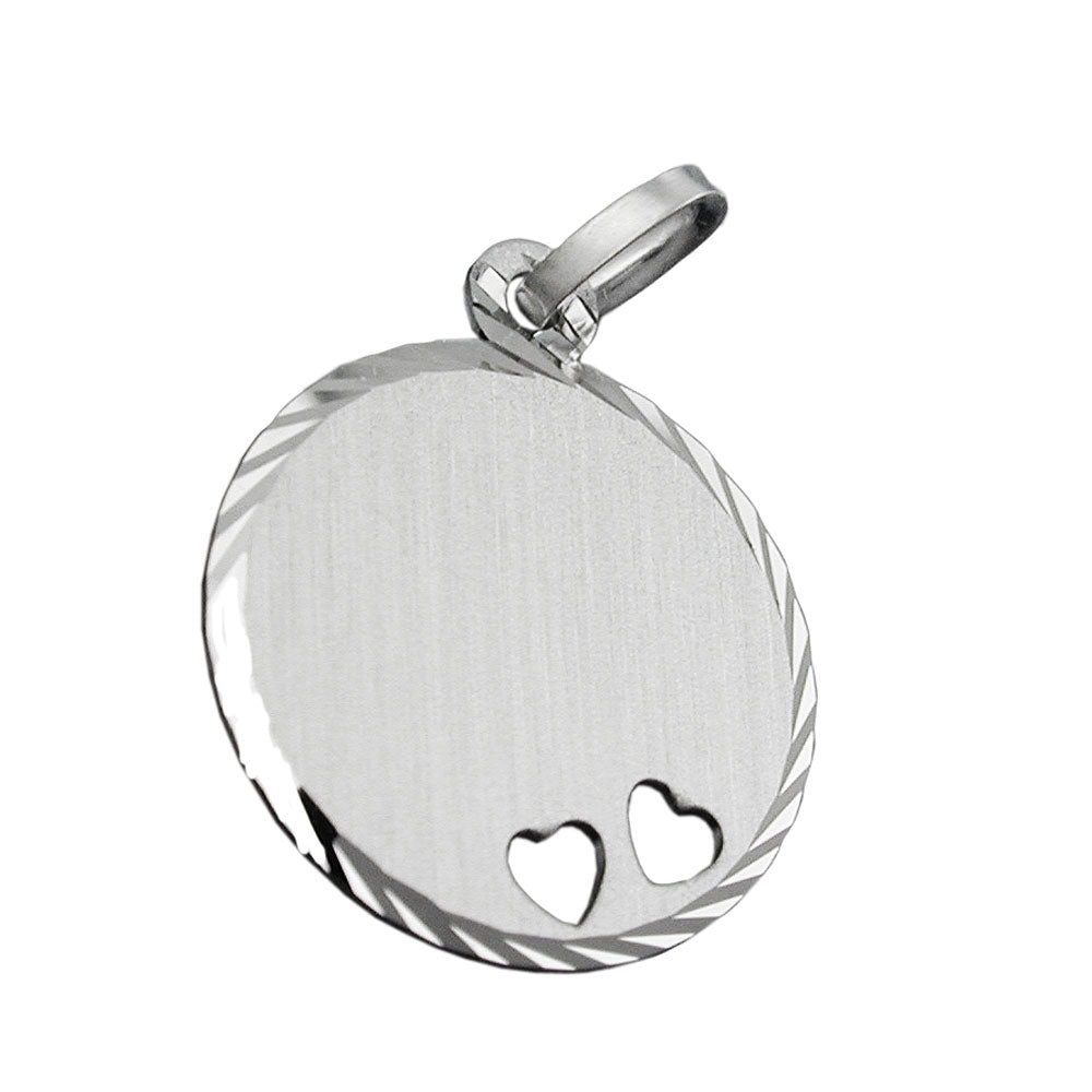 Anhänger Gravurplatte rund 2 Herzen matt-diamantiert rhodiniert aus 925er Silber, 16 mm