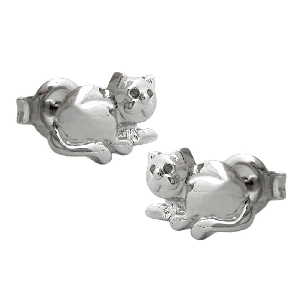 Ohrstecker liegende Katze glänzend rhodiniert aus 925er Silber, 7 × 10 mm