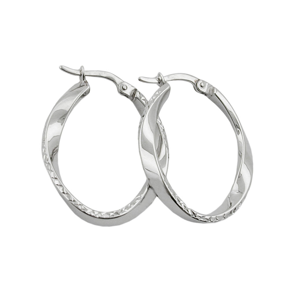 Creolen oval Drahtcreole mit Bügelverschluss rhodiniert diamantiert aus 925er Silber, 26 × 22 mm