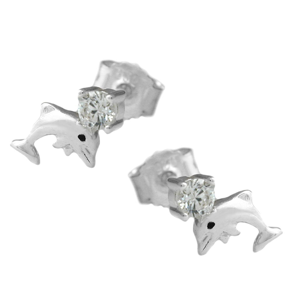 Ohrstecker Delfin mit Zirkonia aus 925er Silber, 9 × 5 mm