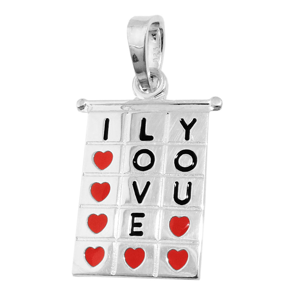 Anhänger Viereck I-LOVE-YOU rot-schwarz lackiert aus 925er Silber, 22 × 13 mm