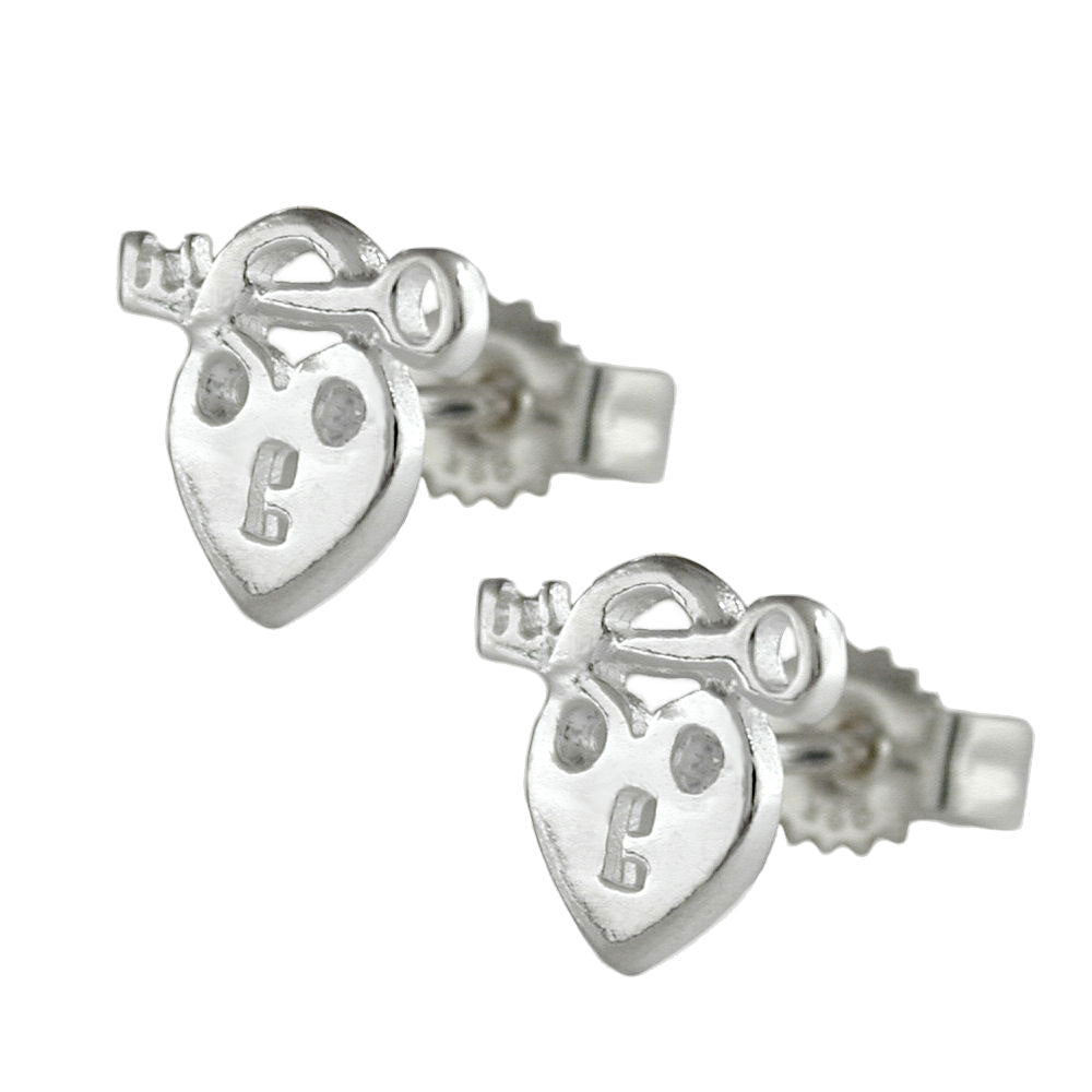 Ohrstecker Herz Schloss und Schlüssel mit Zirkonia glänzend aus 925er Silber, 9 × 8 mm