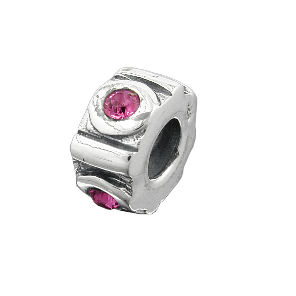 Anhänger Perle Bead mit 4 Glassteinen pink rhodiniert aus 925er Silber, 10 × 5 mm