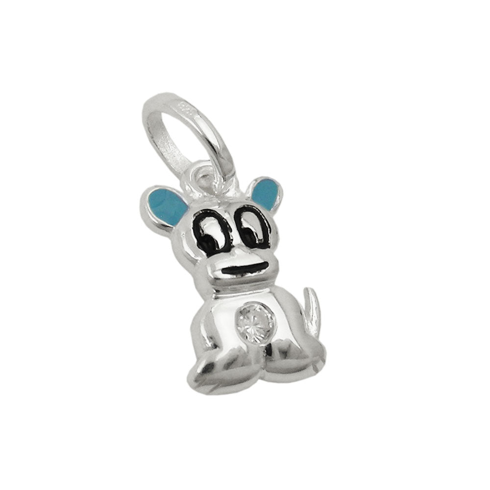 Anhänger kleiner Hund hellblau farbig lackiert mit Zirkonia aus 925er Silber, 12 × 8 mm