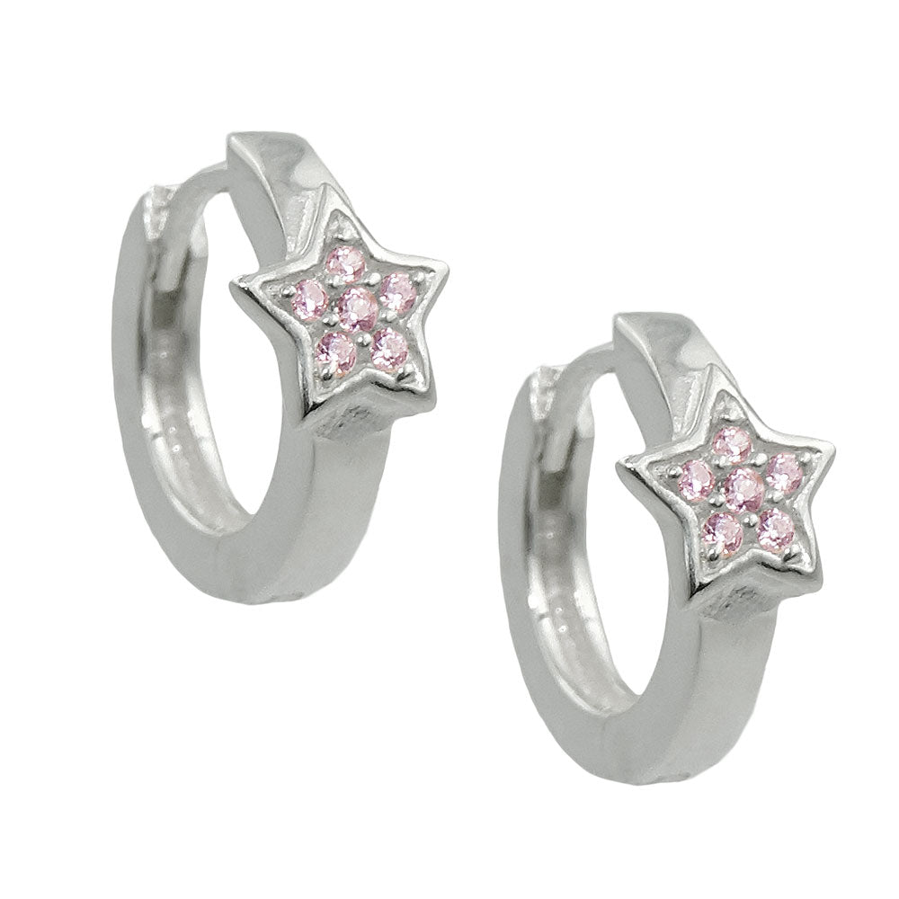 Creolen Klappscharnier Stern mit Zirkonia pink aus 925er Silber, 12 × 2 mm
