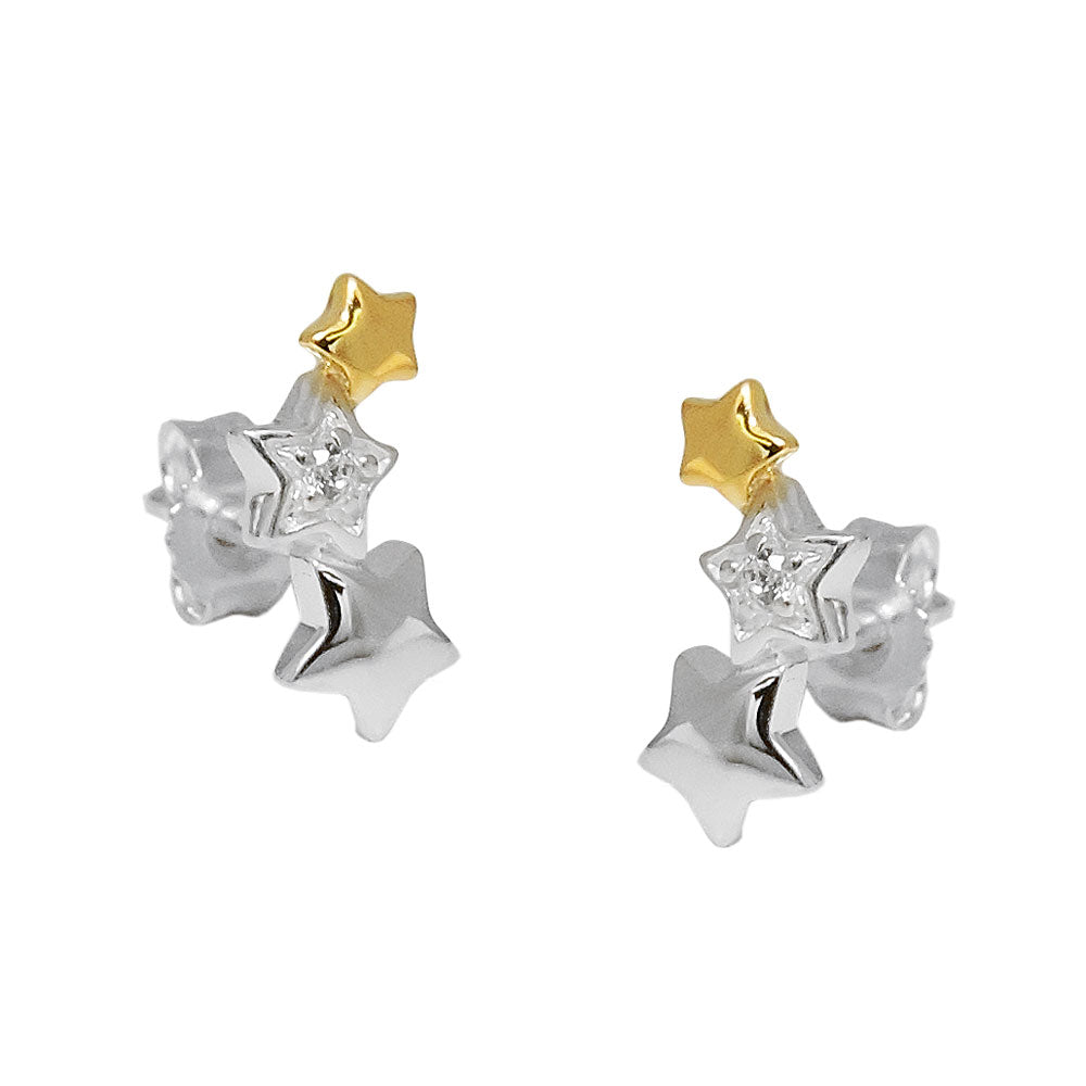 Ohrstecker Sternentrio mit Zirkonia bicolor aus 925er Silber, 11 × 5 mm