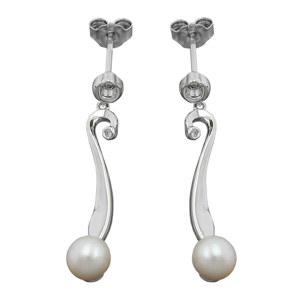 Ohrstecker Ohrhänger mit Zuchtperle und Zirkonia rhodiniert aus 925er Silber, 34 × 6 mm, 6 mm