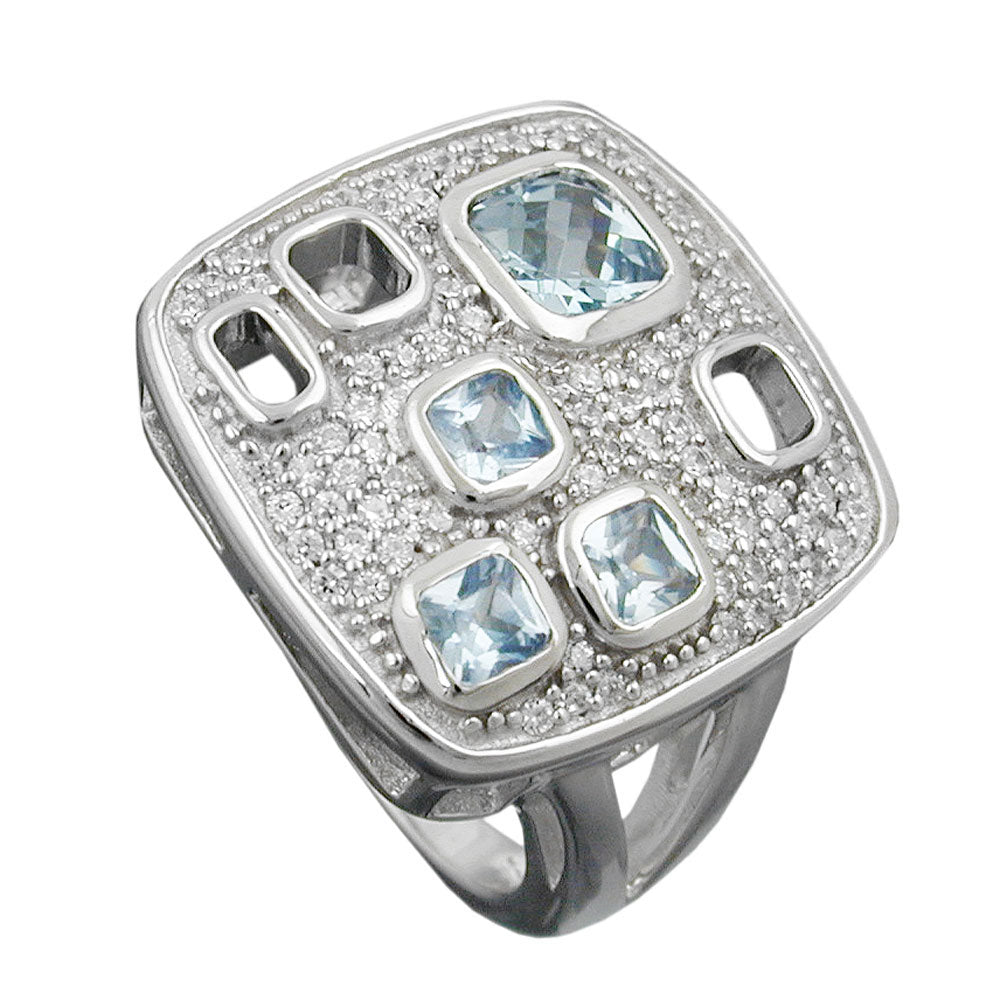 Ring Viereck Zirkonia aqua weiß glänzend rhodiniert aus 925er Silber, 18 mm